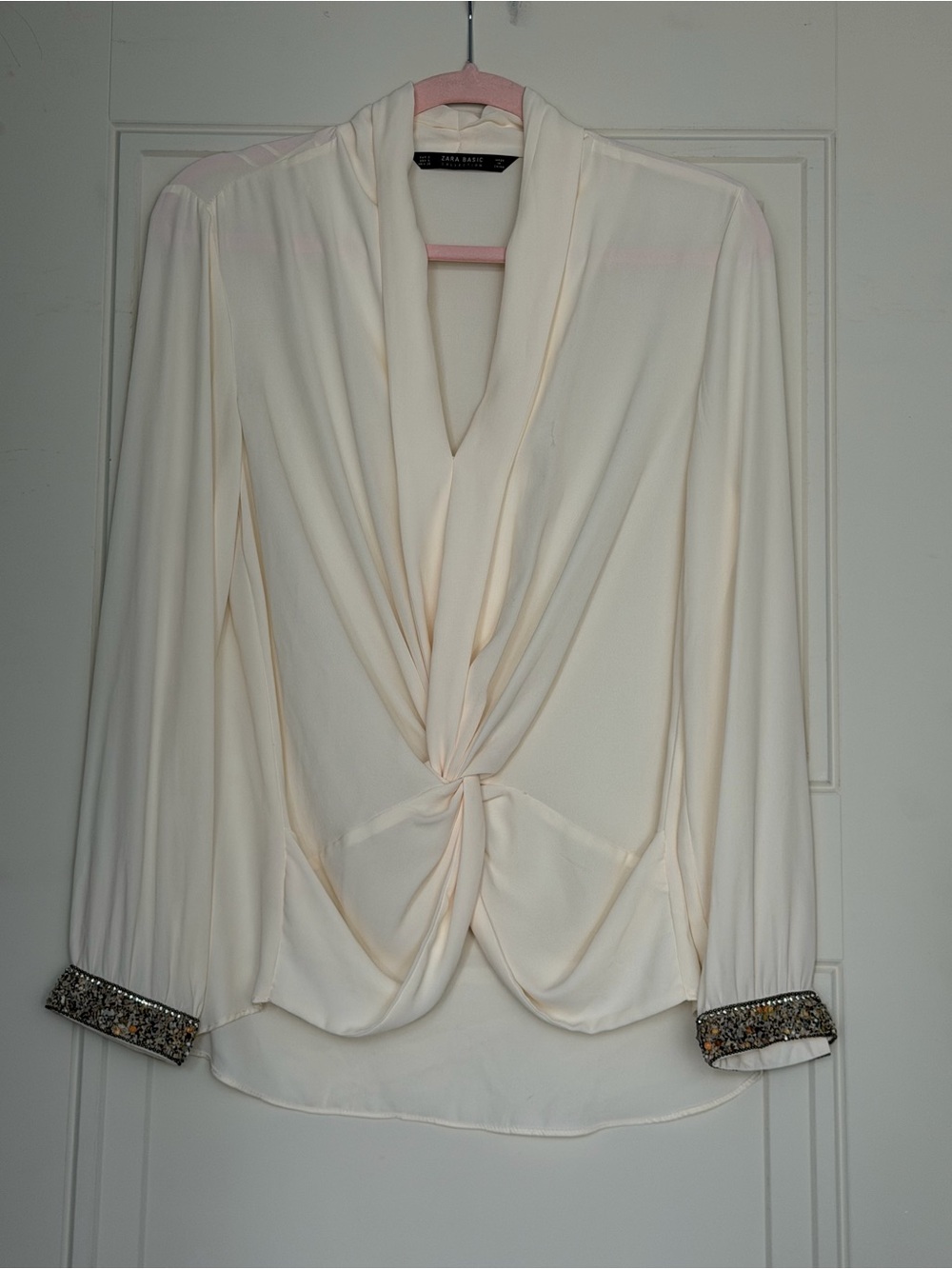 Zara Cream Twist-Front Blouse with Beaded Cuffs